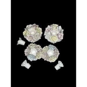 Vintage Lenwile China Rose Floral 3-Piece Porcelain Taper Candle Holders